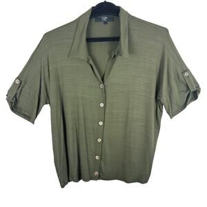 Coin 1804 Green Collared Short Roll Tab Sleeve Knit Button Up Blouse Size L
